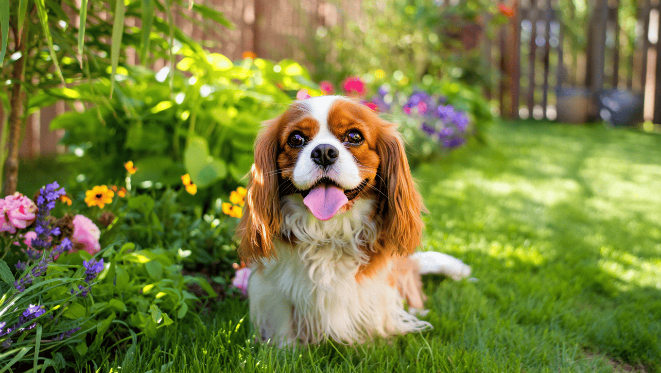 Cavalier King Charles Spaniel in a sunny garden