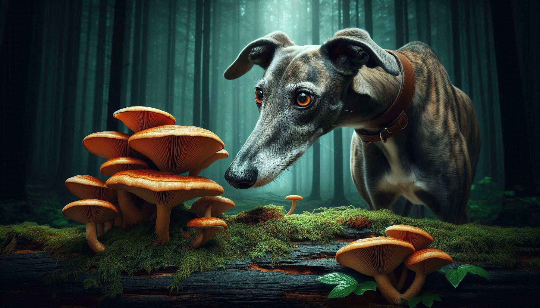 a dog sniffing a reishi medicinal mushroom