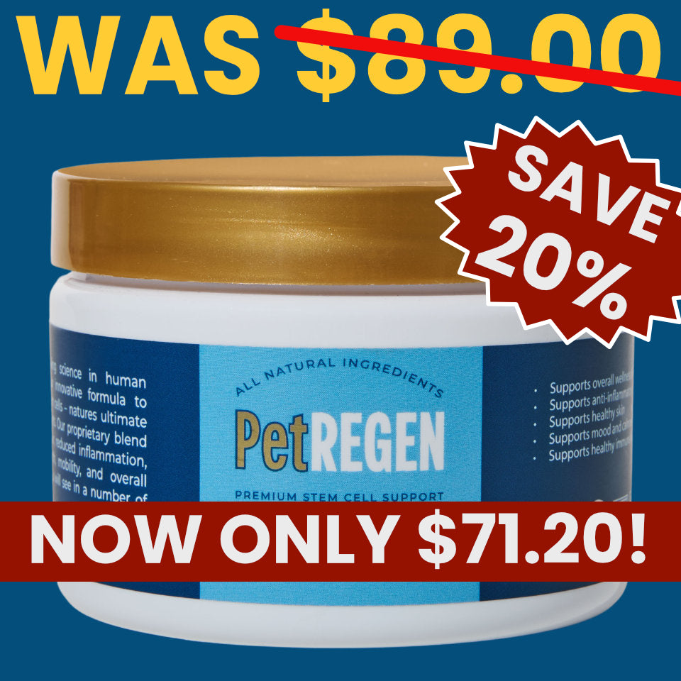 PetREGEN product jar with promotional pricing on a blue background