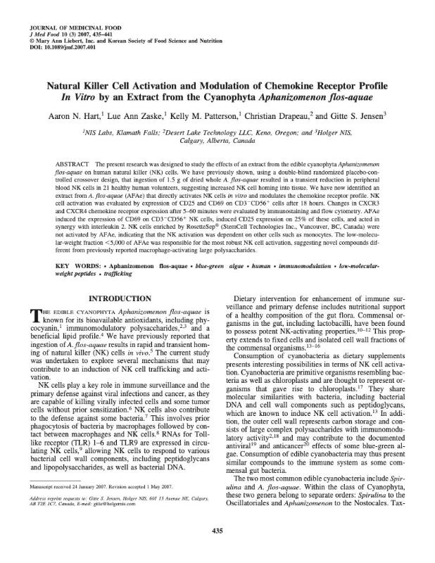 Natural Killer cell activation  and modification of chemokine receptor profile IN VITRO b an Extract from the cyanophyta Aphanazomenon flos-aquae