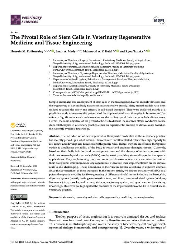 The Pivotal Role Of Stem Cells In Veterinary Regenerative Medicine And Tissue Engineering