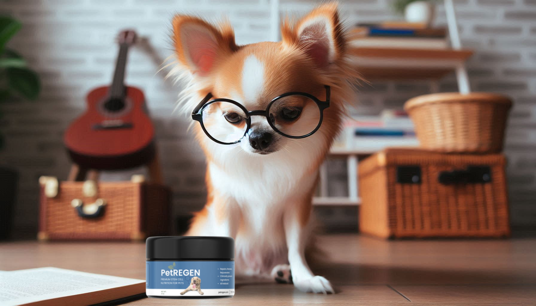 chihuahua with a jar of petregen